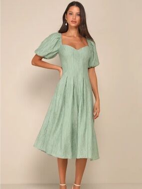 Lulu's Heavenly Energy Sage Green Puff Sleeve Midi Dress